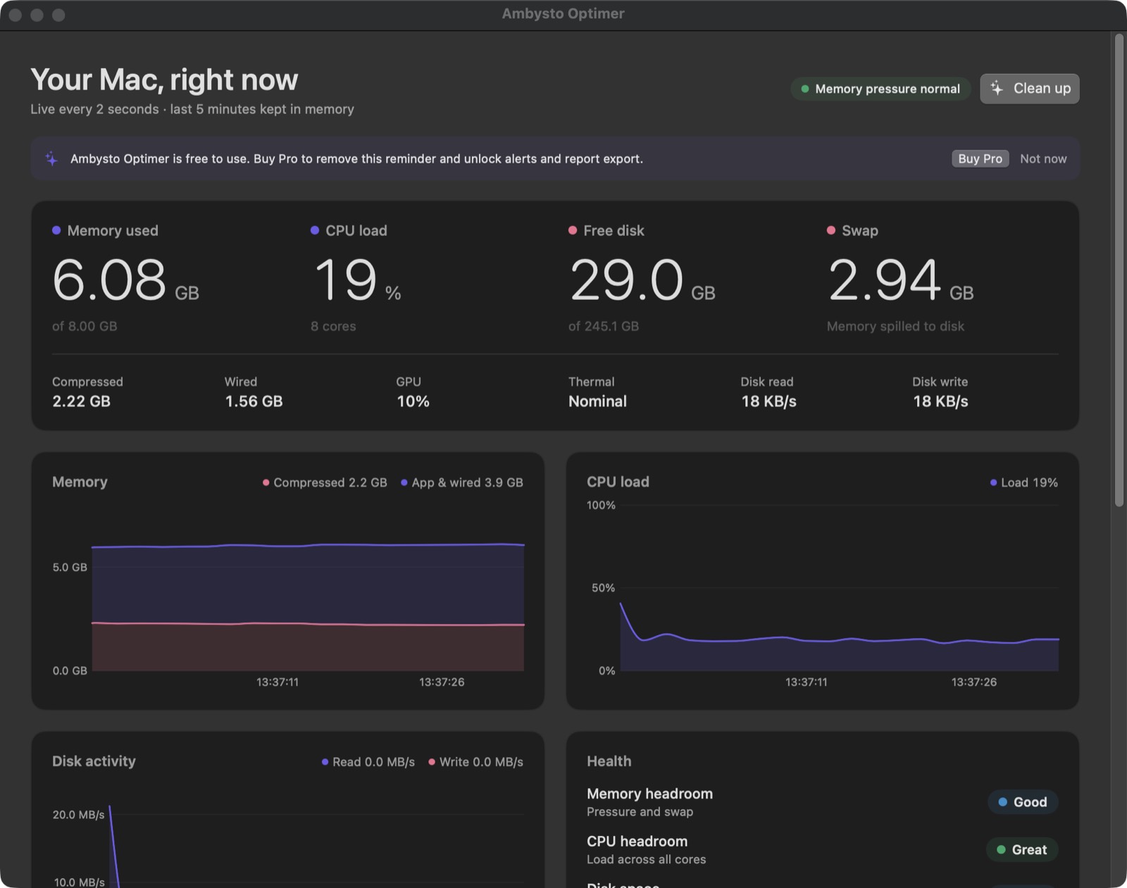The Optimer dashboard with live memory, CPU, disk and the list of apps