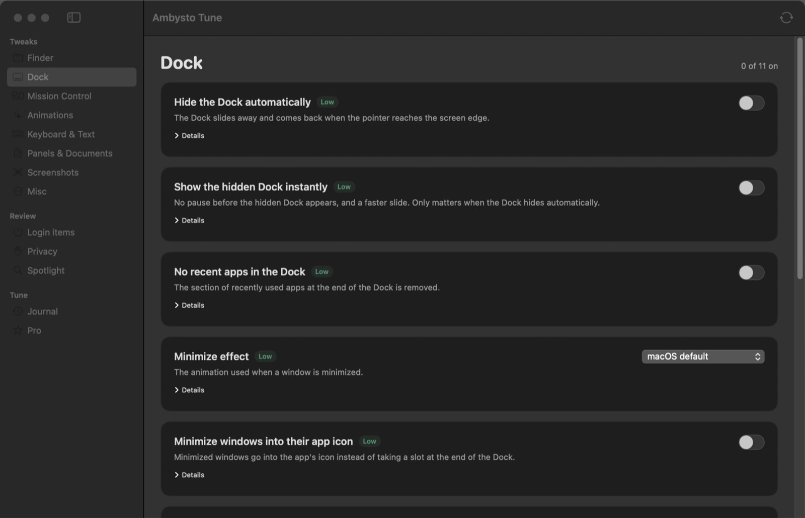 Ambysto Tune Dock settings: each tweak is a switch with a short explanation